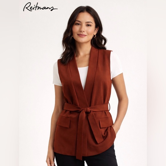 Reitmans Jackets & Blazers - Reitmans Petite 2 Rust Belted Sleeveless Blazer Vest Tailored Wrap Front Career